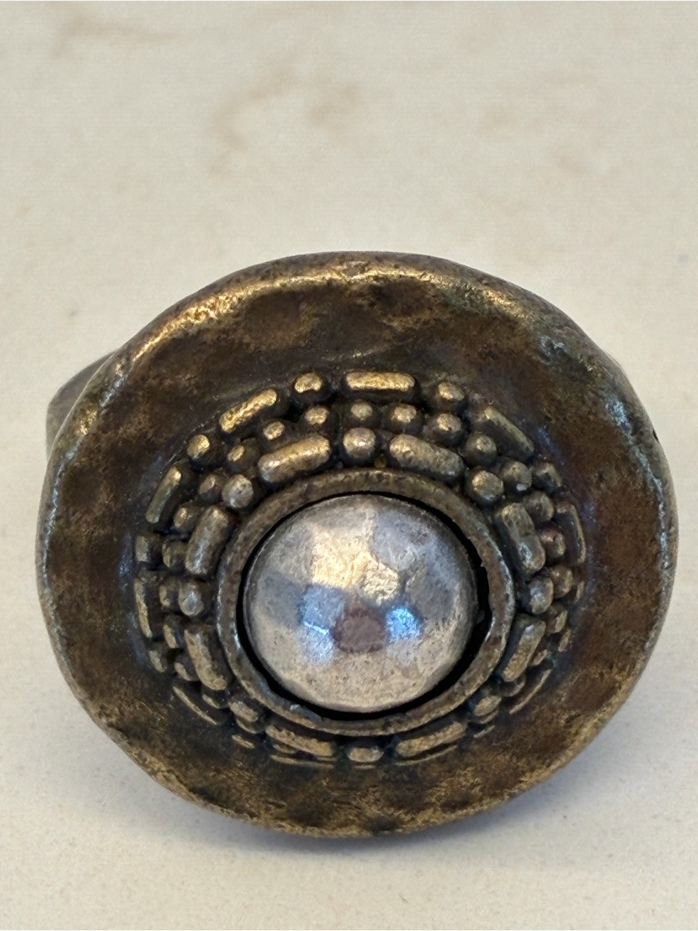 Vintage Premier Designs "Gladiator Shield" statement ring - brass & silver plate